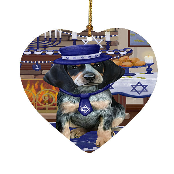 Happy Hanukkah Bluetick Coonhound Dog Heart Christmas Ornament HPOR57655