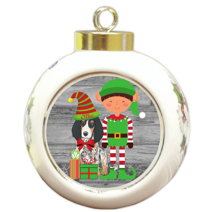 Custom Personalized Bluetick Coonhound Dog Elfie and Presents Christmas Round Ball Ornament