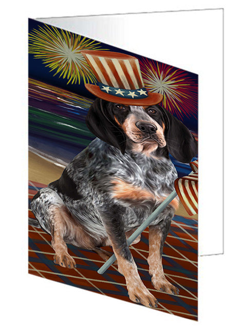 4th of July Independence Day Firework Bluetick Coonhound Dog Handmade Artwork Assorted Pets Greeting Cards and Note Cards with Envelopes for All Occasions and Holiday Seasons GCD52853