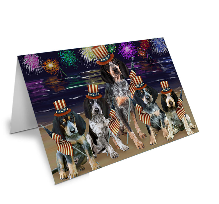 4th of July Independence Day Firework Bluetick Coonhounds Dog Handmade Artwork Assorted Pets Greeting Cards and Note Cards with Envelopes for All Occasions and Holiday Seasons GCD52856