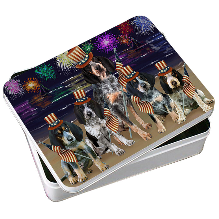 4th of July Independence Day Firework Bluetick Coonhounds Dog Photo Storage Tin PITN49609