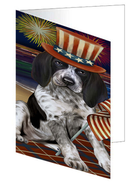 4th of July Independence Day Firework Bluetick Coonhound Dog Handmade Artwork Assorted Pets Greeting Cards and Note Cards with Envelopes for All Occasions and Holiday Seasons GCD52859