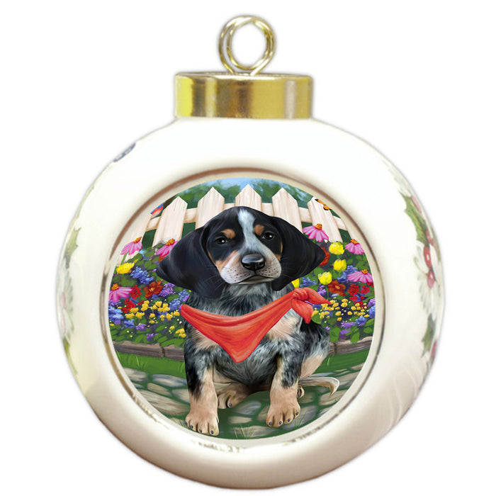 Spring Floral Bluetick Coonhound Dog Round Ball Christmas Ornament RBPOR49797