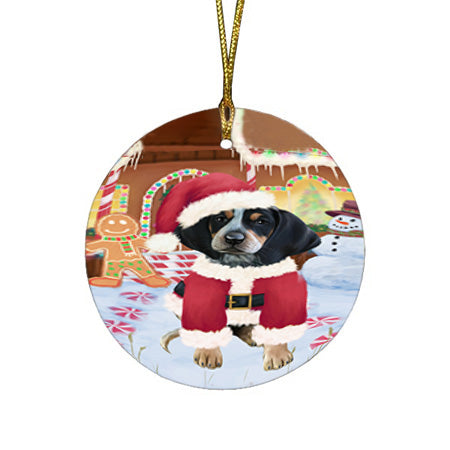 Christmas Gingerbread House Candyfest Bluetick Coonhound Dog Round Flat Christmas Ornament RFPOR56554