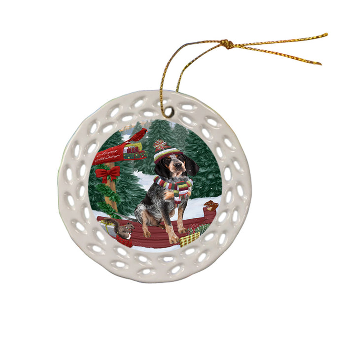 Merry Christmas Woodland Sled Bluetick Coonhound Dog Ceramic Doily Ornament DPOR55214