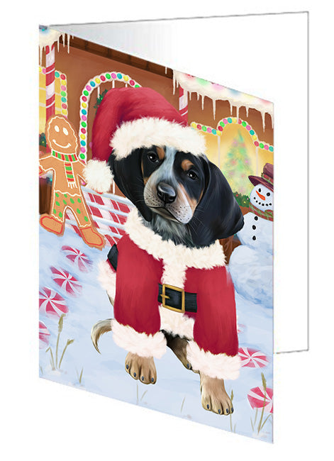 Christmas Gingerbread House Candyfest Bluetick Coonhound Dog Handmade Artwork Assorted Pets Greeting Cards and Note Cards with Envelopes for All Occasions and Holiday Seasons GCD73109