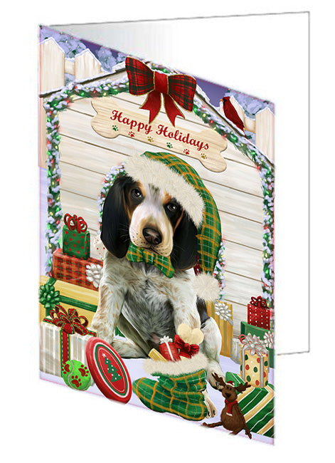 Happy Holidays Christmas Bluetick Coonhound Dog House with Presents Handmade Artwork Assorted Pets Greeting Cards and Note Cards with Envelopes for All Occasions and Holiday Seasons GCD58061
