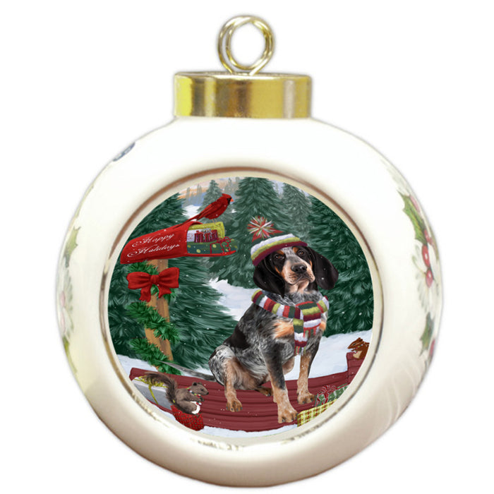 Merry Christmas Woodland Sled Bluetick Coonhound Dog Round Ball Christmas Ornament RBPOR55214