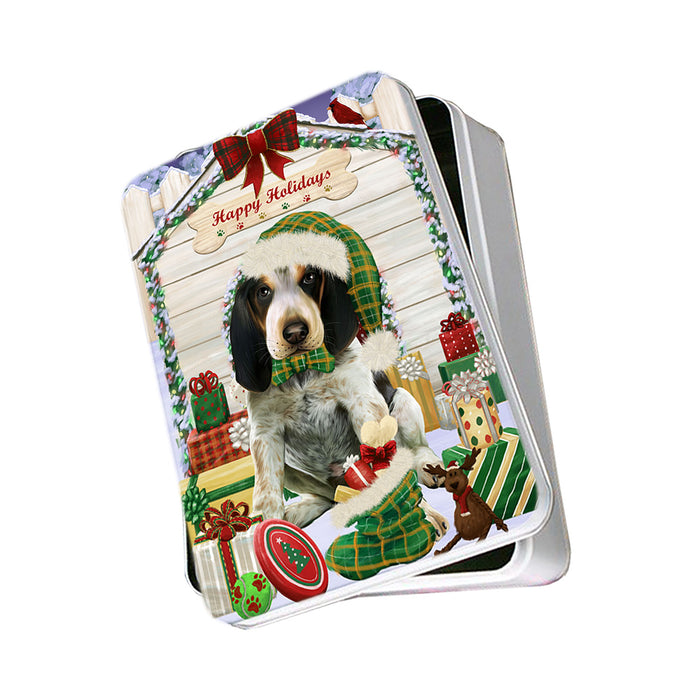 Happy Holidays Christmas Bluetick Coonhound Dog House with Presents Photo Storage Tin PITN51344