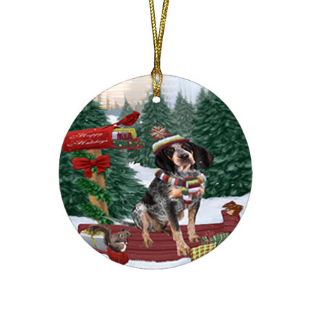 Merry Christmas Woodland Sled Bluetick Coonhound Dog Round Flat Christmas Ornament RFPOR55214