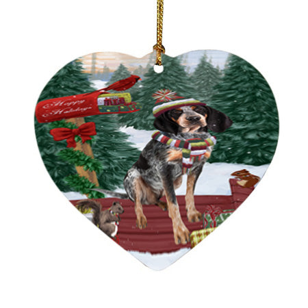 Merry Christmas Woodland Sled Bluetick Coonhound Dog Heart Christmas Ornament HPOR55214