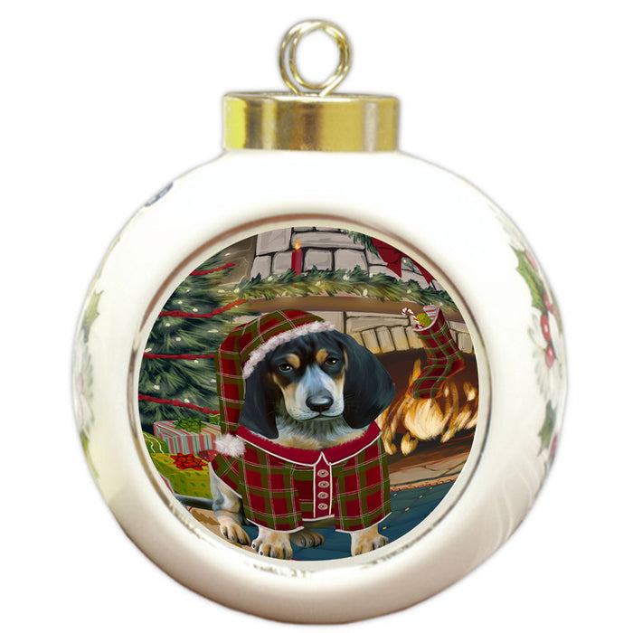 The Stocking was Hung Bluetick Coonhound Dog Round Ball Christmas Ornament RBPOR55584