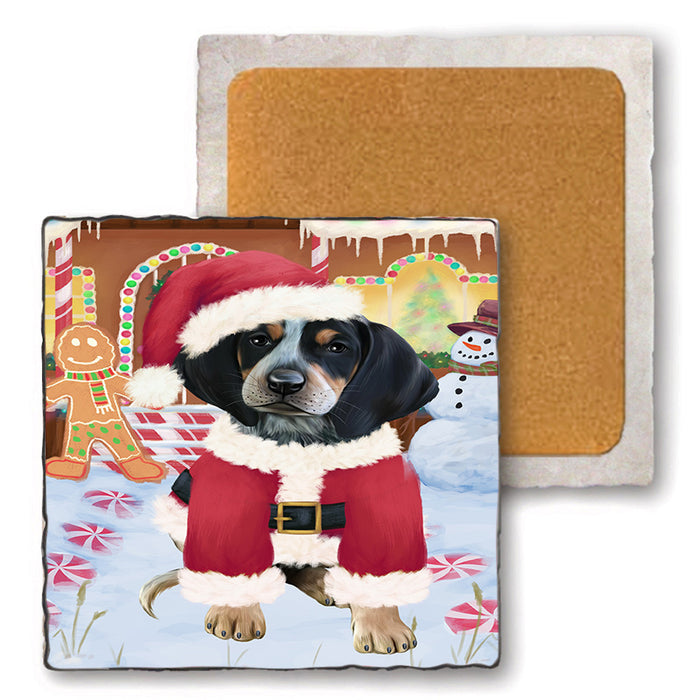 Christmas Gingerbread House Candyfest Bluetick Coonhound Dog Set of 4 Natural Stone Marble Tile Coasters MCST51198
