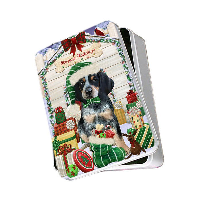 Happy Holidays Christmas Bluetick Coonhound Dog House with Presents Photo Storage Tin PITN51345