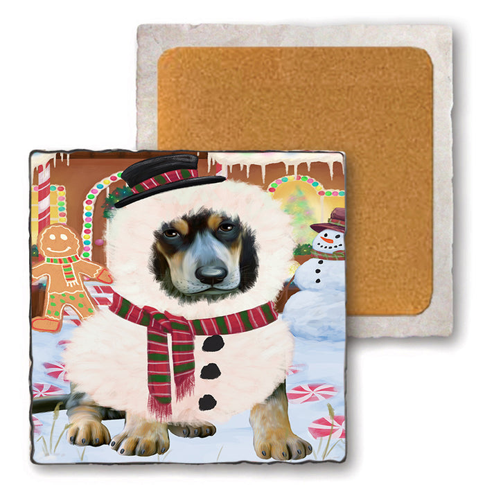 Christmas Gingerbread House Candyfest Bluetick Coonhound Dog Set of 4 Natural Stone Marble Tile Coasters MCST51199