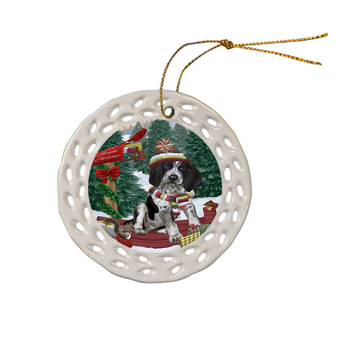 Merry Christmas Woodland Sled Bluetick Coonhound Dog Ceramic Doily Ornament DPOR55215