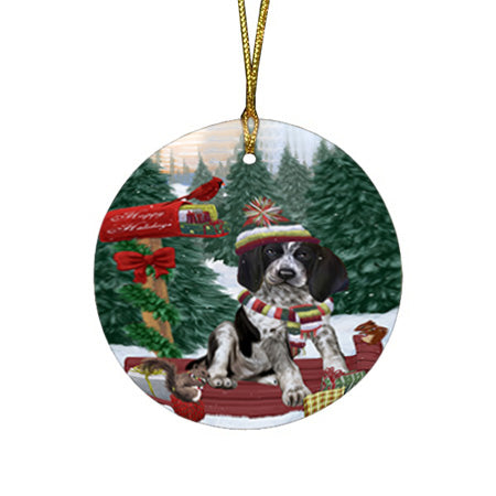 Merry Christmas Woodland Sled Bluetick Coonhound Dog Round Flat Christmas Ornament RFPOR55215
