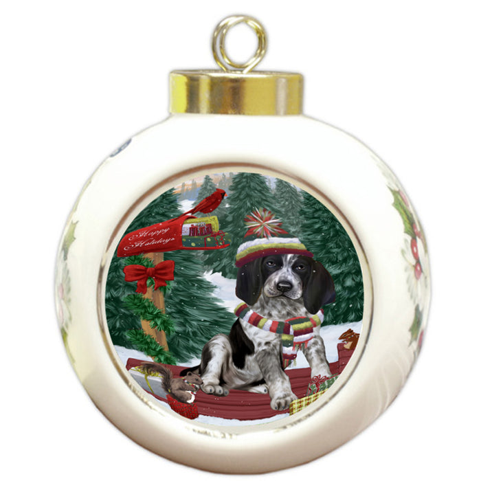 Merry Christmas Woodland Sled Bluetick Coonhound Dog Round Ball Christmas Ornament RBPOR55215