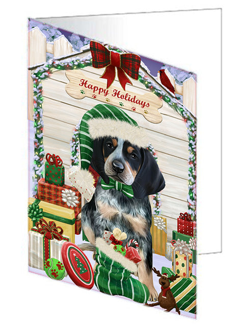 Happy Holidays Christmas Bluetick Coonhound Dog House with Presents Handmade Artwork Assorted Pets Greeting Cards and Note Cards with Envelopes for All Occasions and Holiday Seasons GCD58064