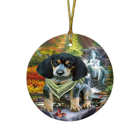 Scenic Waterfall Bluetick Coonhound Dog Round Flat Christmas Ornament RFPOR51828