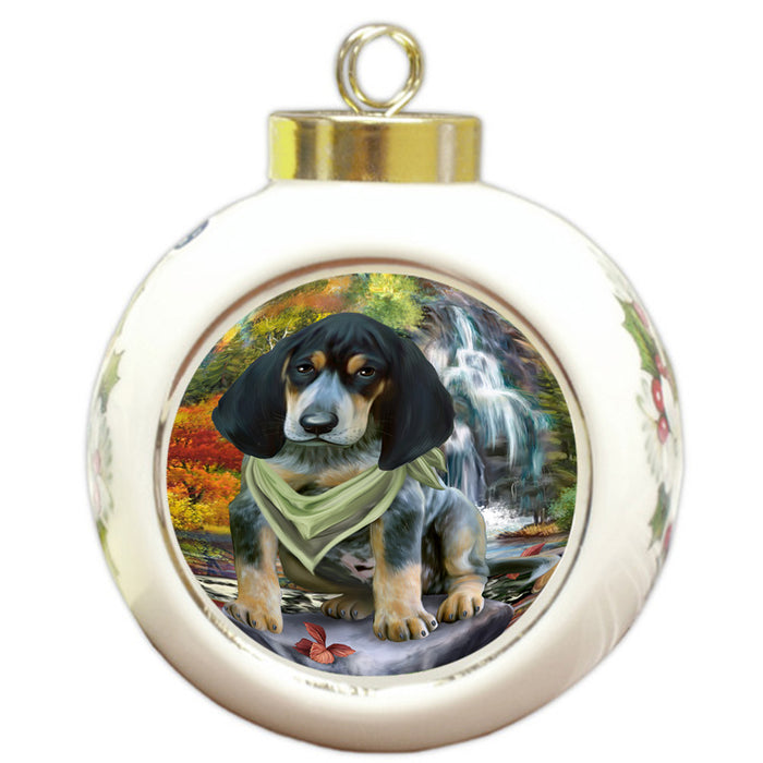 Scenic Waterfall Bluetick Coonhound Dog Round Ball Christmas Ornament RBPOR51837