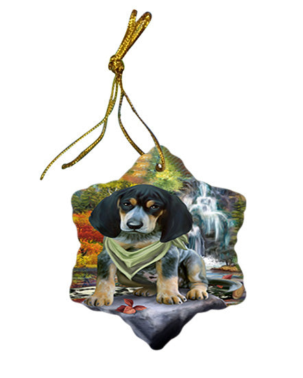 Scenic Waterfall Bluetick Coonhound Dog Star Porcelain Ornament SPOR51828
