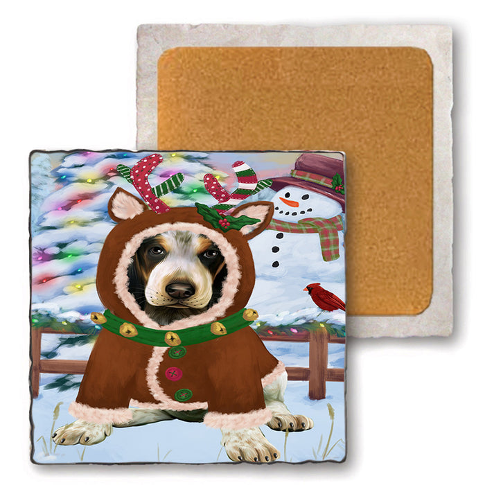 Christmas Gingerbread House Candyfest Bluetick Coonhound Dog Set of 4 Natural Stone Marble Tile Coasters MCST51200