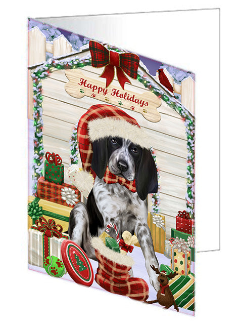 Happy Holidays Christmas Bluetick Coonhound Dog House with Presents Handmade Artwork Assorted Pets Greeting Cards and Note Cards with Envelopes for All Occasions and Holiday Seasons GCD58067