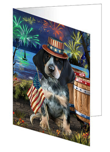4th of July Independence Day Fireworks Bluetick Coonhound Dog at the Lake Handmade Artwork Assorted Pets Greeting Cards and Note Cards with Envelopes for All Occasions and Holiday Seasons GCD57359