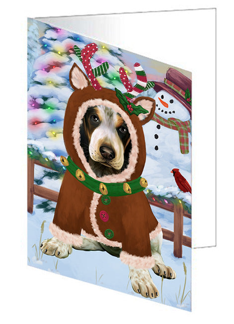 Christmas Gingerbread House Candyfest Bluetick Coonhound Dog Handmade Artwork Assorted Pets Greeting Cards and Note Cards with Envelopes for All Occasions and Holiday Seasons GCD73115