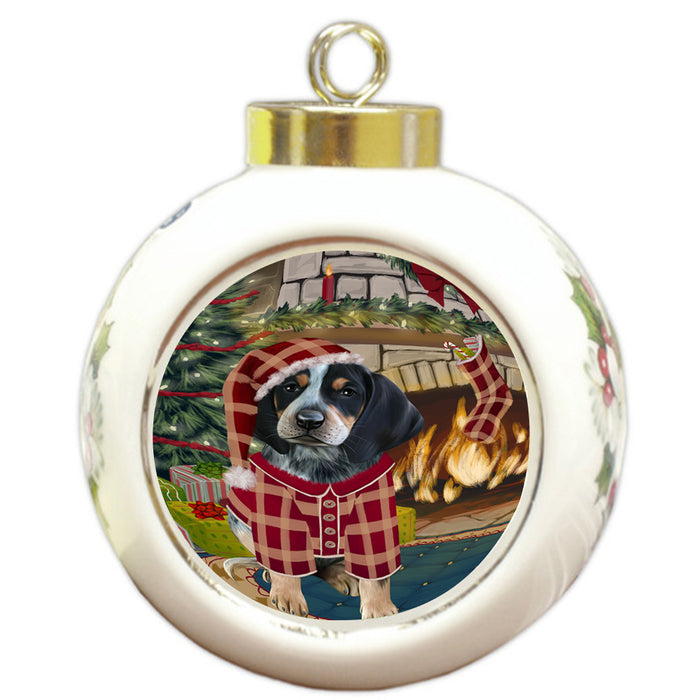 The Stocking was Hung Bluetick Coonhound Dog Round Ball Christmas Ornament RBPOR55586