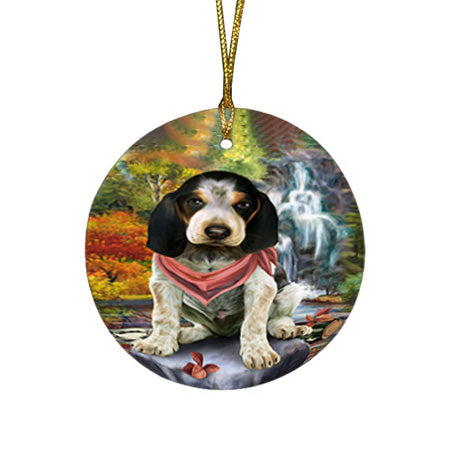 Scenic Waterfall Bluetick Coonhound Dog Round Flat Christmas Ornament RFPOR51830