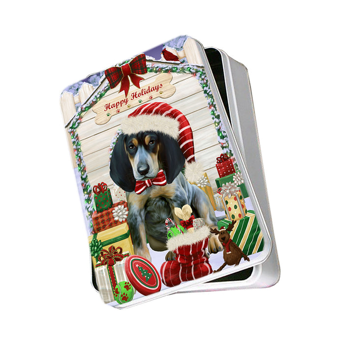Happy Holidays Christmas Bluetick Coonhound Dog House with Presents Photo Storage Tin PITN51347