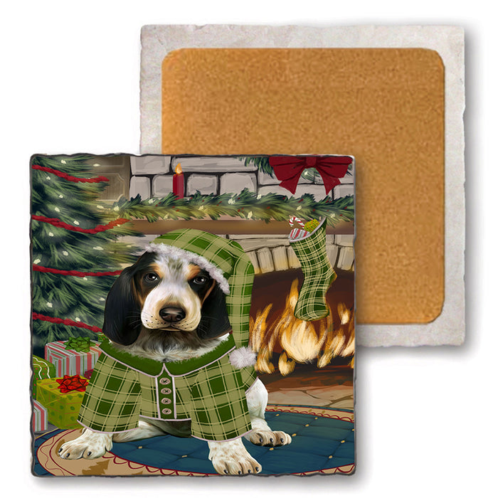 The Stocking was Hung Bluetick Coonhound Dog Set of 4 Natural Stone Marble Tile Coasters MCST50231