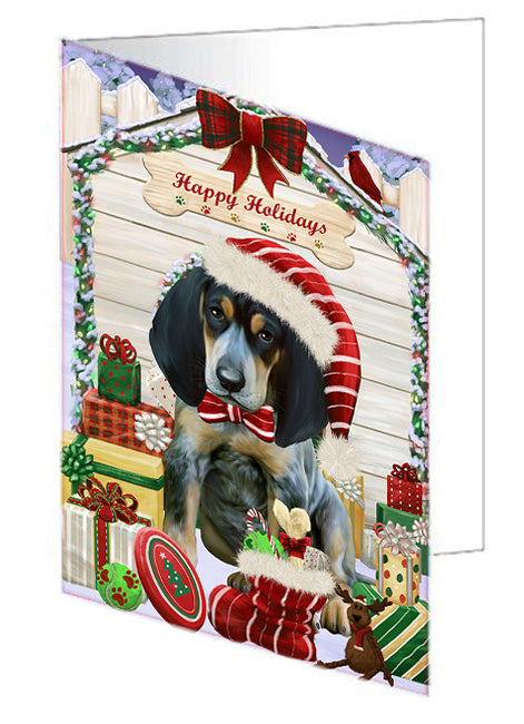 Happy Holidays Christmas Bluetick Coonhound Dog House with Presents Handmade Artwork Assorted Pets Greeting Cards and Note Cards with Envelopes for All Occasions and Holiday Seasons GCD58070