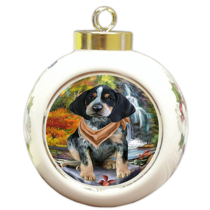 Scenic Waterfall Bluetick Coonhound Dog Round Ball Christmas Ornament RBPOR51840