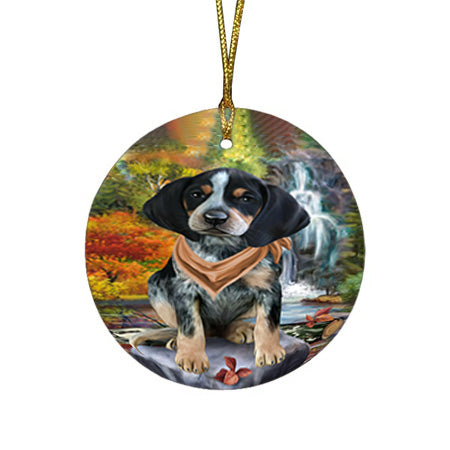 Scenic Waterfall Bluetick Coonhound Dog Round Flat Christmas Ornament RFPOR51831