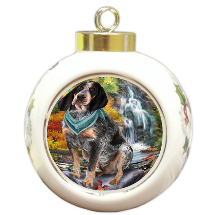 Scenic Waterfall Bluetick Coonhound Dog Round Ball Christmas Ornament RBPOR51841