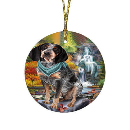 Scenic Waterfall Bluetick Coonhound Dog Round Flat Christmas Ornament RFPOR51832