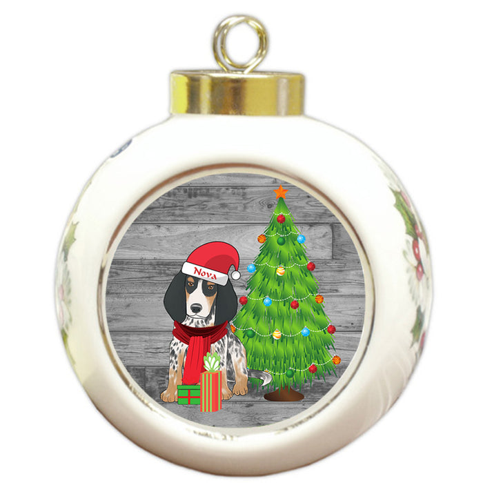 Custom Personalized Bluetick Coonhound Dog With Tree and Presents Christmas Round Ball Ornament