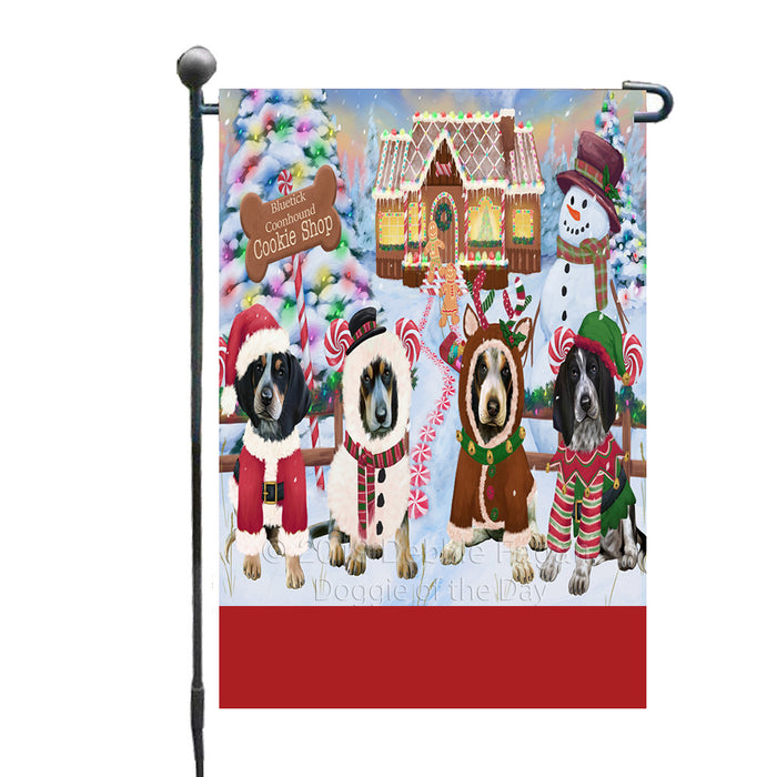Personalized Holiday Gingerbread Cookie Shop Bluetick Coonhound Dogs Custom Garden Flags GFLG-DOTD-A59185