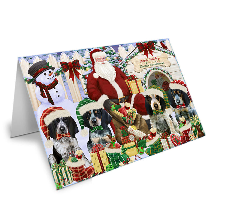 Happy Holidays Christmas Bluetick Coonhounds Dog House Gathering Handmade Artwork Assorted Pets Greeting Cards and Note Cards with Envelopes for All Occasions and Holiday Seasons GCD57875