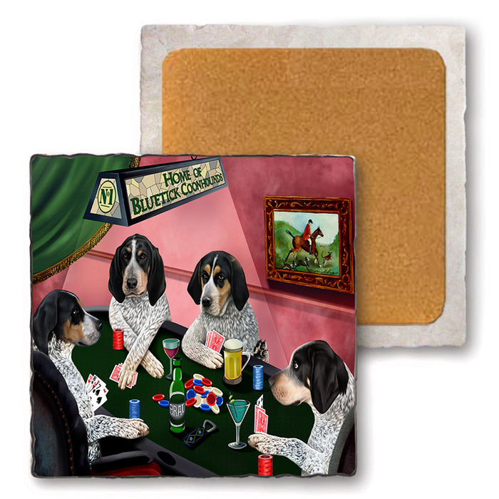 Home of Bluetick Coonhound 4 Dogs Playing Poker Set of 4 Natural Stone Marble Tile Coasters MCST49346