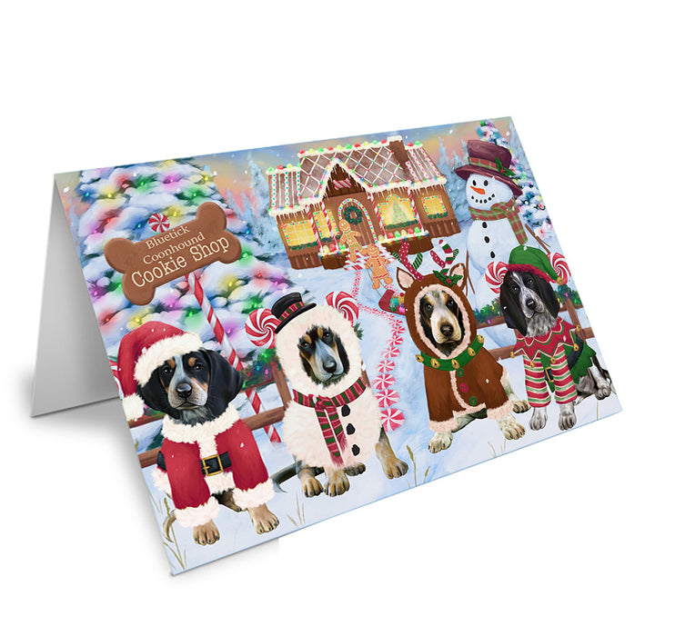 Holiday Gingerbread Cookie Shop Bluetick Coonhounds Dog Handmade Artwork Assorted Pets Greeting Cards and Note Cards with Envelopes for All Occasions and Holiday Seasons GCD72848
