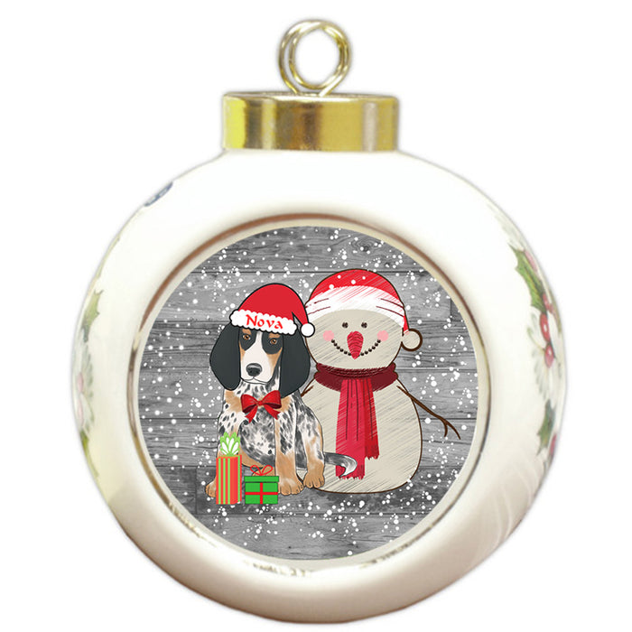 Custom Personalized Snowy Snowman and Bluetick Coonhound Dog Christmas Round Ball Ornament