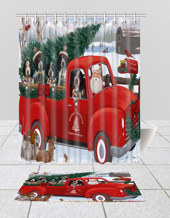 Christmas Santa Express Delivery Red Truck Bluetick Coonhound Dogs Bath Mat and Shower Curtain Combo
