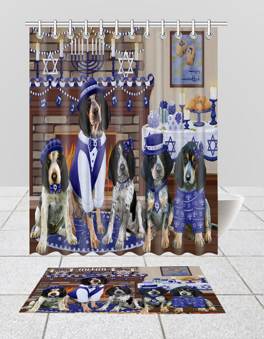 Happy Hanukkah Family Bluetick Coonhound Dogs Bath Mat and Shower Curtain Combo