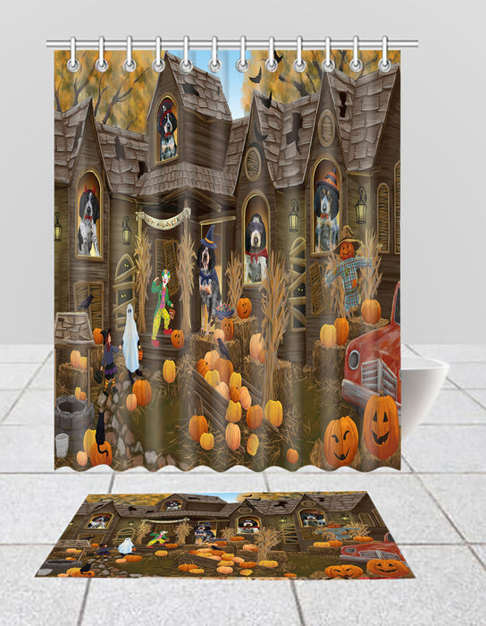 Haunted House Halloween Trick or Treat Bluetick Coonhound Dogs  Bath Mat and Shower Curtain Combo