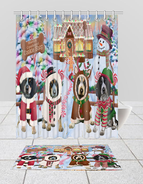 Holiday Gingerbread Cookie Bluetick Coonhound Dogs  Bath Mat and Shower Curtain Combo