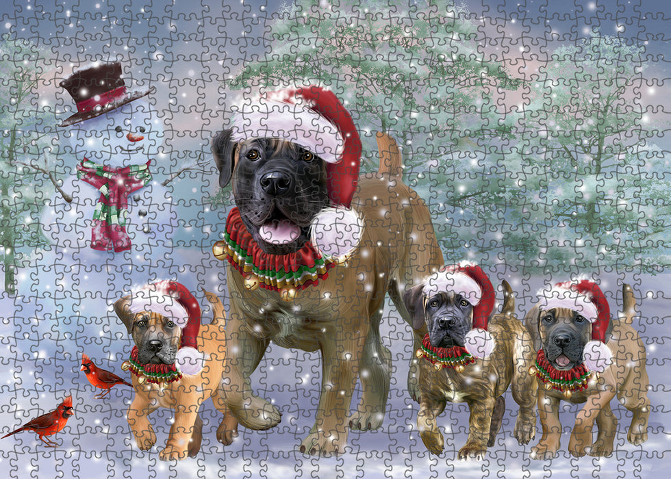 Christmas Running Family Boerboel Dogs Portrait Jigsaw Puzzle for Adults Animal Interlocking Puzzle Game Unique Gift for Dog Lover's with Metal Tin Box